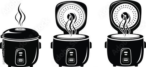 Steaming rice cooker icons show cooking process stages