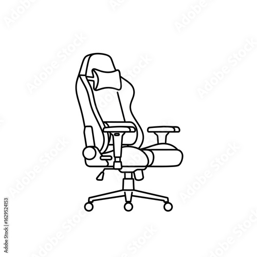 Ergonomic gaming chair design, line art illustration, comfortable backrest, adjustable armrests.
