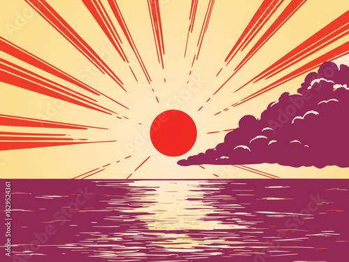 Vibrant sunrise over calm ocean water with dramatic red sunburst rays and purple clouds creating a powerful and energetic atmosphere