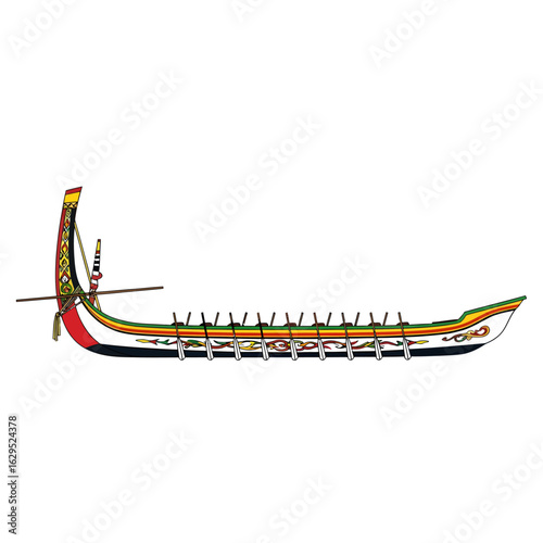 A side view illustration of a traditional, ornate longboat with many seats and a high, decorated stern.