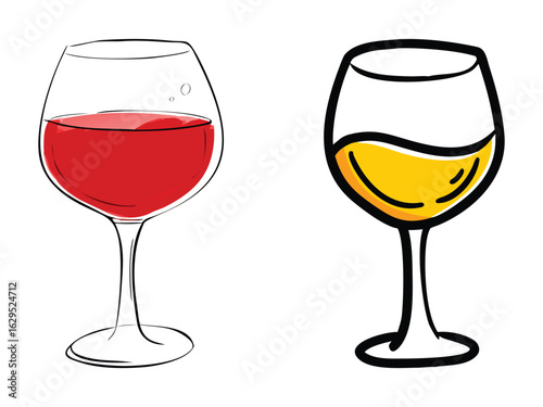 Two hand drawn wine glasses one filled with red wine and the other with white wine isolated on a white background
