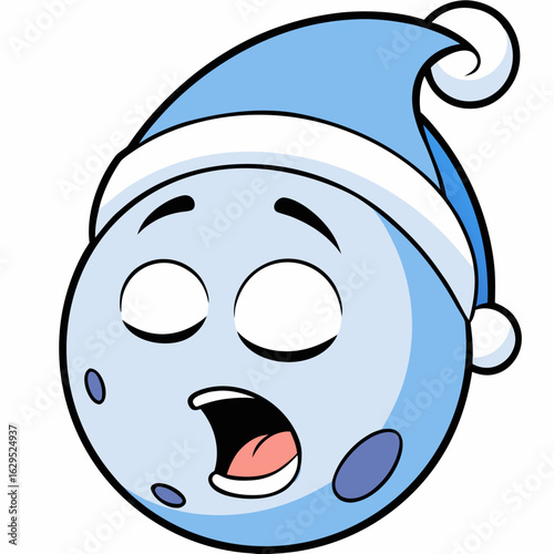 Cute cartoon moon yawning wearing a blue sleep hat isolated on white background