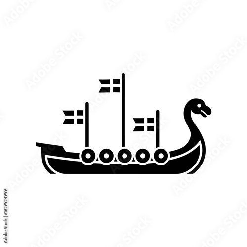 Simple black and white illustration of a Viking longship.