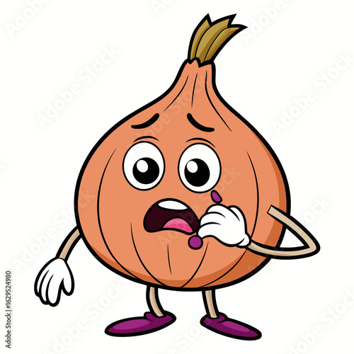 Cartoon onion crying and wiping tears isolated on white background