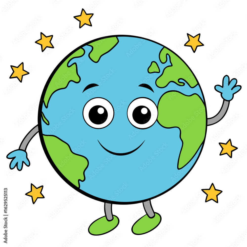 Fototapeta premium Happy cartoon earth character waving surrounded by stars isolated on white background