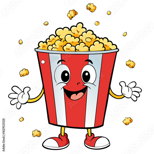 Happy popcorn character with falling kernels isolated on white background