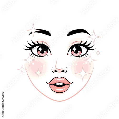 A beautiful illustrated female face with large sparkling pink eyes, rosy cheeks, and long eyelashes.