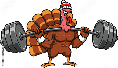 Muscular turkey lifting heavy barbell, strong bird weightlifting, funny cartoon fitness, powerlifting animal illustration, holiday workout humor, strength train.