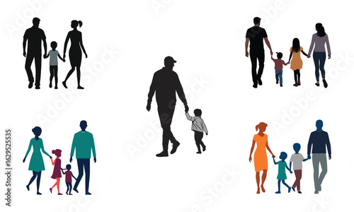 Diverse silhouettes of families walking together outdoors representing unity togetherness and generational connection