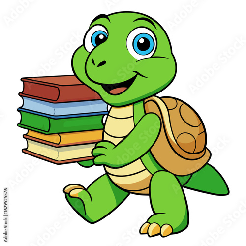 Cute cartoon turtle carrying a stack of books isolated on white background