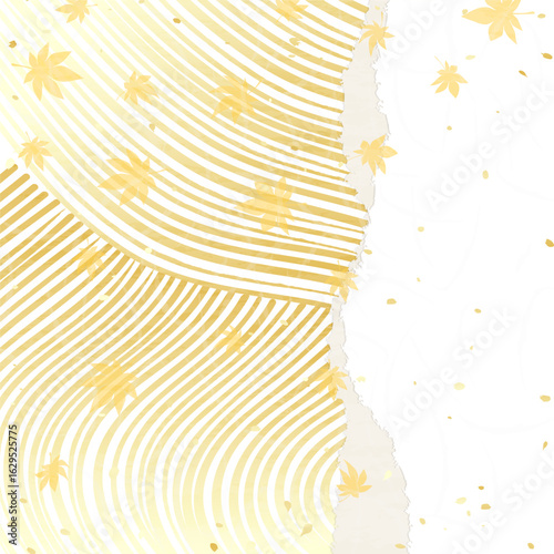 金色の波紋に紅葉　和紙風の背景イラスト