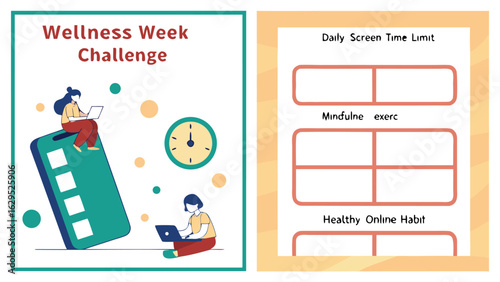 Wellness week challenge illustration featuring people with laptops and a daily screen time limit chart