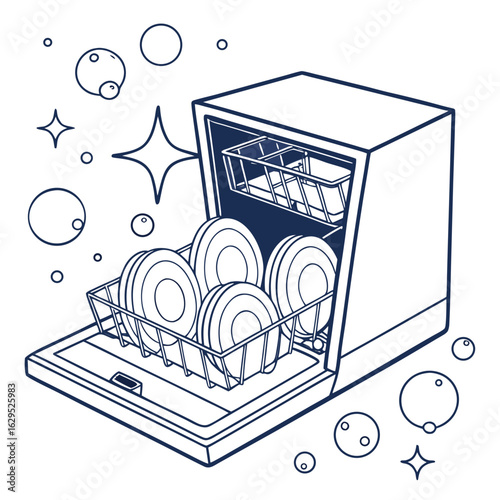 Open dishwasher with plates and bubbles isolated on white background