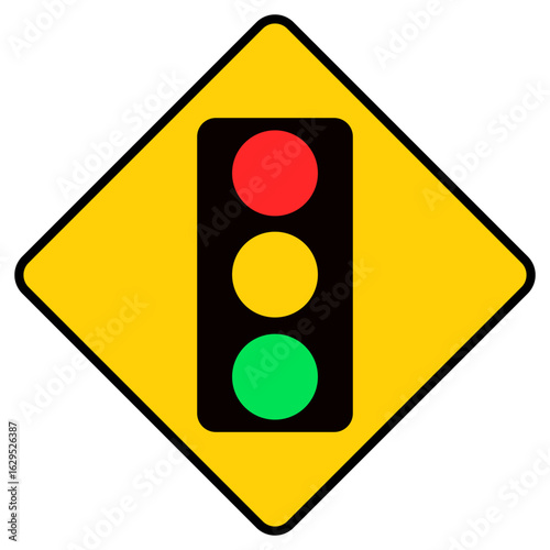 Yellow Diamond Traffic Signal Sign with Red, Yellow, and Green Lights