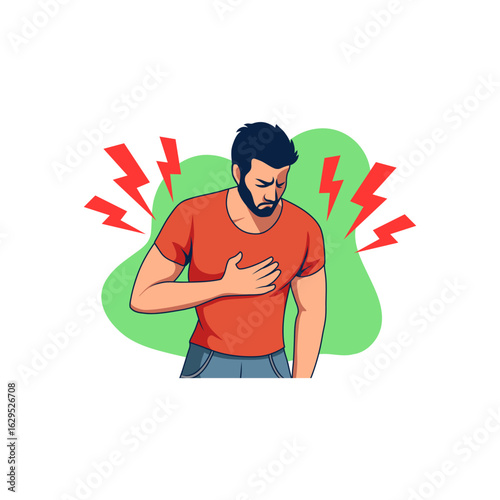 Man Holding Chest in Pain – Flat Vector Illustration of Heart Attack or Chest Pain Symptoms