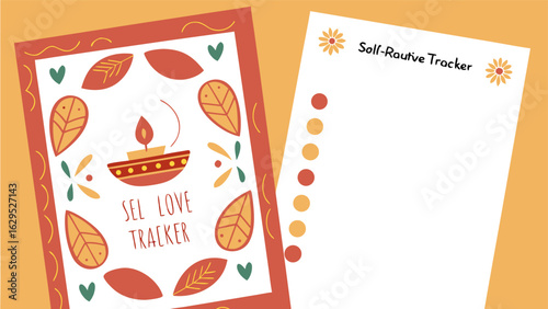 Two sheets of paper with self love tracker and self routine tracker with floral and leaf designs present