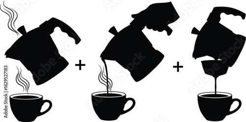 Hot coffee brewing process shown with simple black silhouettes