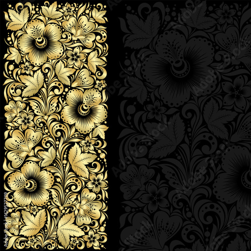 Golden floral decoration. Khokhloma painting. Vector ornamental background.