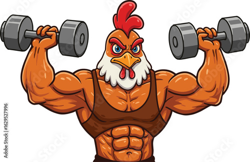 Strong chicken mascot, bodybuilding rooster, fitness cartoon chicken, muscular bird character, gym poultry artwork, workout animal, funny strong