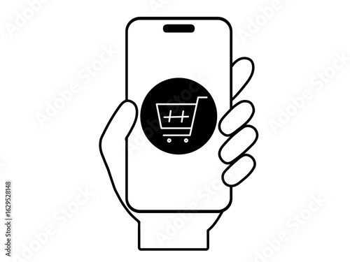 スマホ操作をする手のイラスト｜カート・買い物かご・ショッピングなどのモノクロアイコン