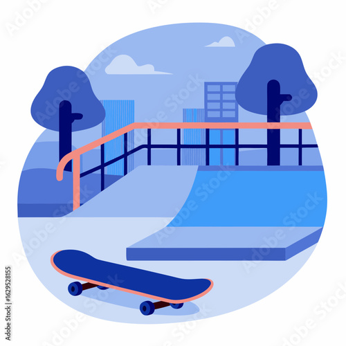 Skateboard on ramp in urban skate park with blue theme  