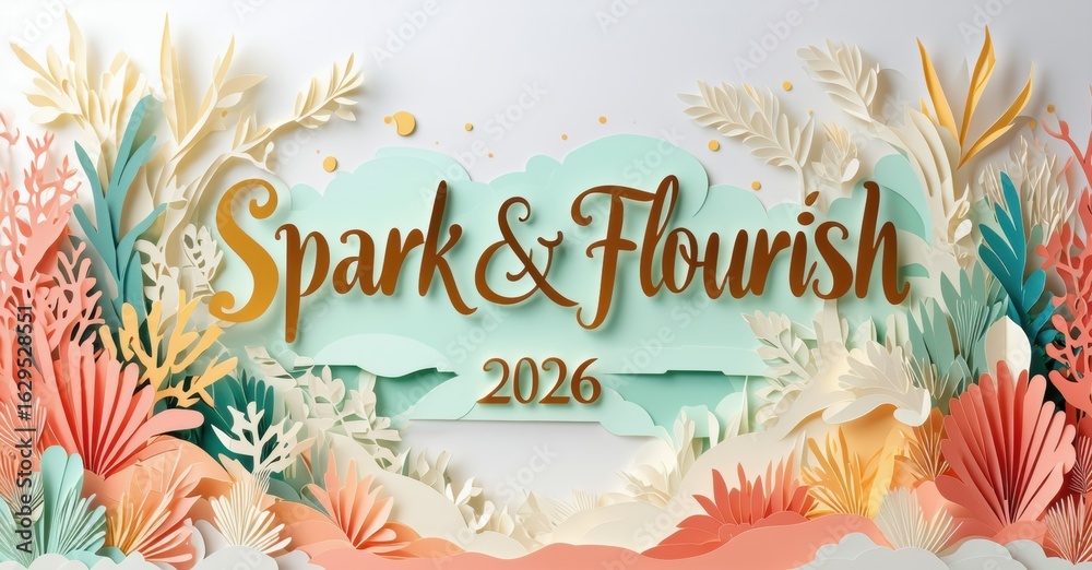 Fototapeta premium Floral design features text Spark Flourish with year 2026. Papercut style, soft colors, elegant presentation.