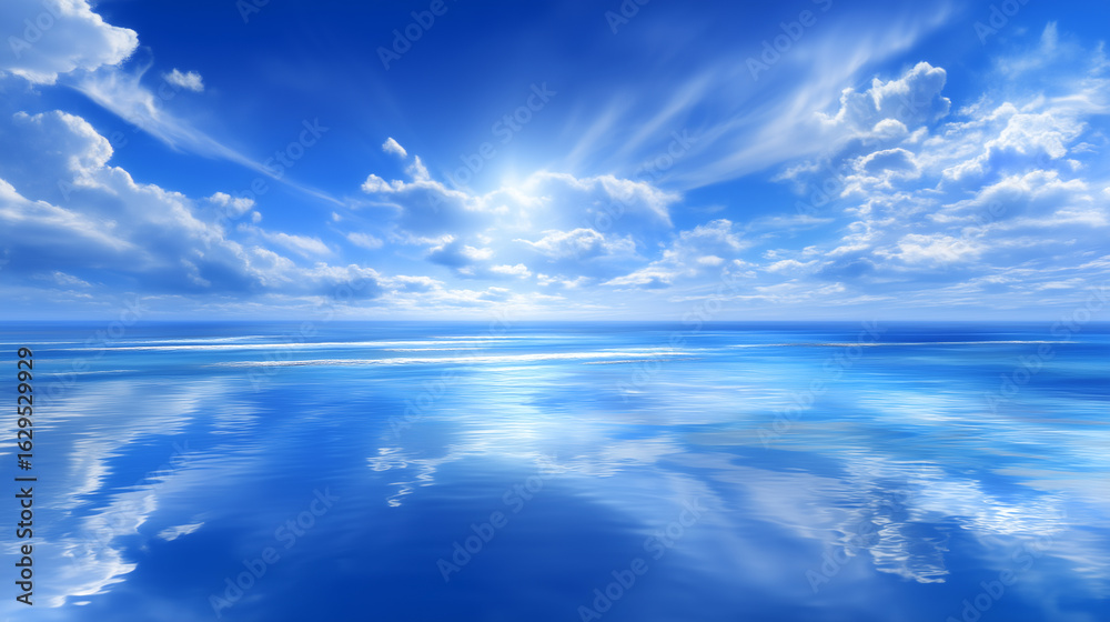 Obraz premium Bright sunny sky with cumulus clouds reflecting on calm ocean water, ethereal and peaceful blue landscape, perfect weather serenity blue sky, cumulus clouds, water reflection, calm