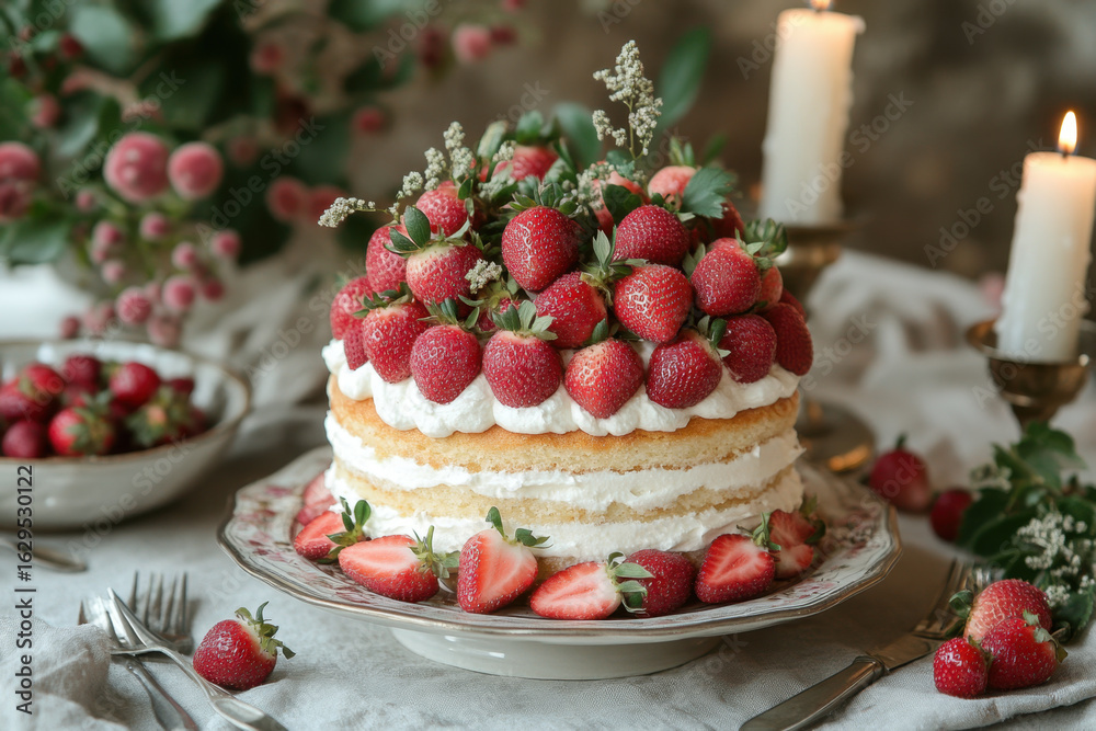 Strawberry-topped cake with sliced strawberries on top. Strawberry-topped cake with sliced strawberries on top.
