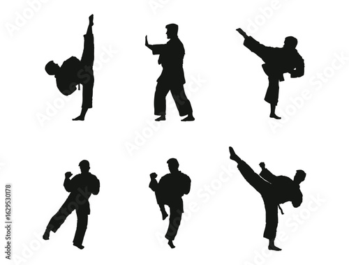hand drawn karate kick set collection pack bundle black shape icon silhouette vector flat illustration design on white background