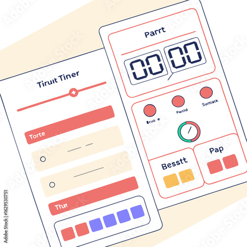 Illustration of two app interfaces displaying timers and settings with a minimalist design aesthetic style
