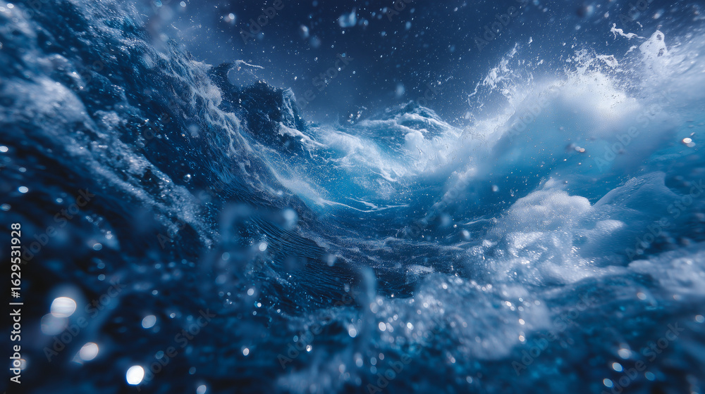 Fototapeta premium underwater view, ocean storm, deep blue sea, turbulent water, water surface, storm clouds, underwater scene, dramatic sea, nature power, ocean energy, marine landscape, abstract wa