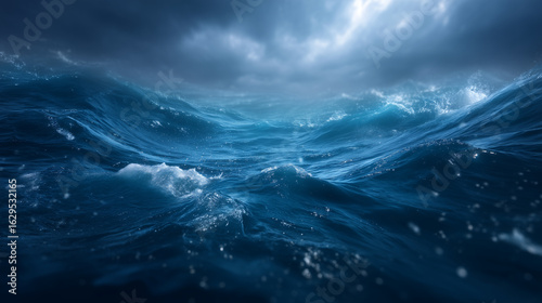 stormy ocean surface viewed from underwater, dark blue tones, turbulent water, cloudy sky above, dramatic lighting, underwater photography, tension and mystery, realistic textures