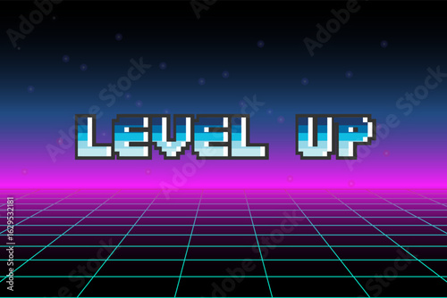 LEVEL UP on blue background .pixel art .8 bit game.retro game. 