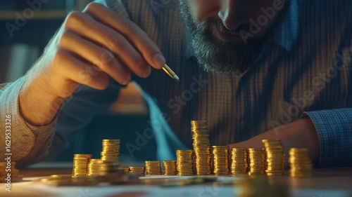 Businessman counting gold coins on desk. Money accumulation for prosperity.