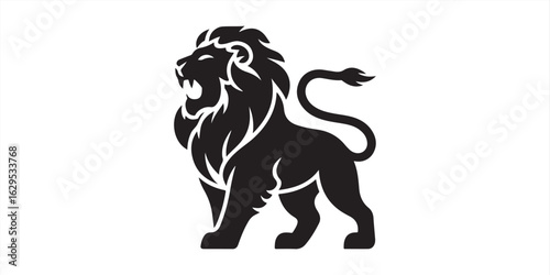 A black silhouette of a roaring lion standing on its hind legs against a white background image