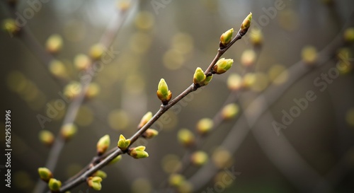 春の芽吹き 静かに輝く若葉 柔らかな光包む. AI Generated