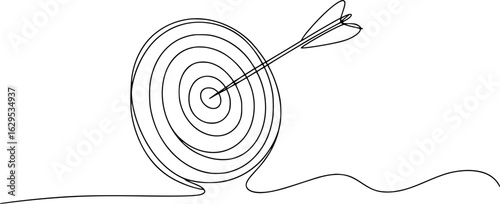 Arrow hitting target bullseye in continuous line drawing archery sport