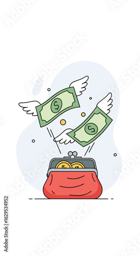 Illustration of cash flying out of an open purse symbolizing financial loss and spending money quickly