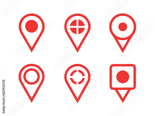 Six Red Outline Map Location Pointers with Various Designs on White map pointer location pin.eps