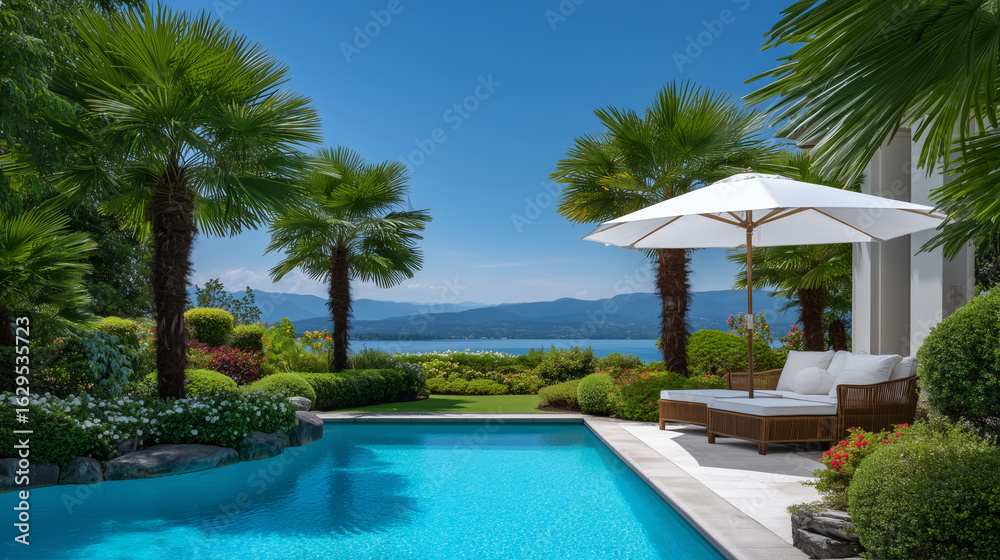 custom made wallpaper toronto digitalelegant backyard pool area with white parasol and wicker chairs, surrounded by palm trees and green landscape, clear blue sky outdoor luxury, peaceful backyard, poolside furniture,