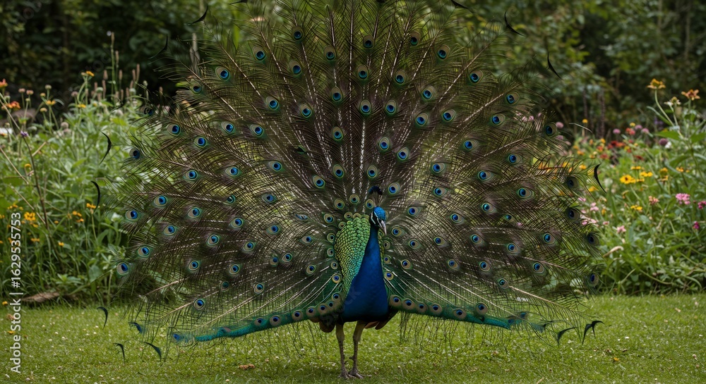 Obraz premium 鮮やか羽根 緑背景 孔雀誇示 太陽光輝き