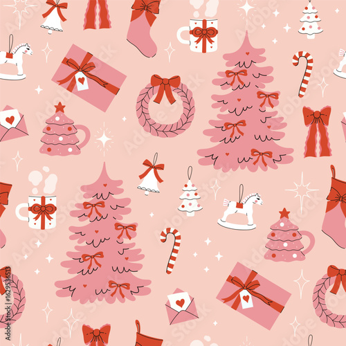 Seamless pattern of pink Christmas with winter attributes. Vector graphics.