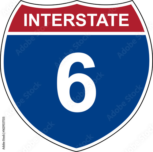 Interstate 6. Interstate highway sign. Road number. Signpost indicating route numbers in the U.S. Interstate Highway System. Even numbers run west to east. Odd numbers run north to south.