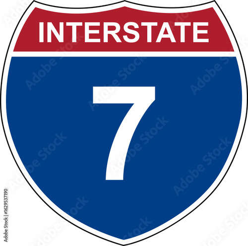 Interstate 7. Interstate highway sign. Road number. Signpost indicating route numbers in the U.S. Interstate Highway System. Even numbers run west to east. Odd numbers run north to south.