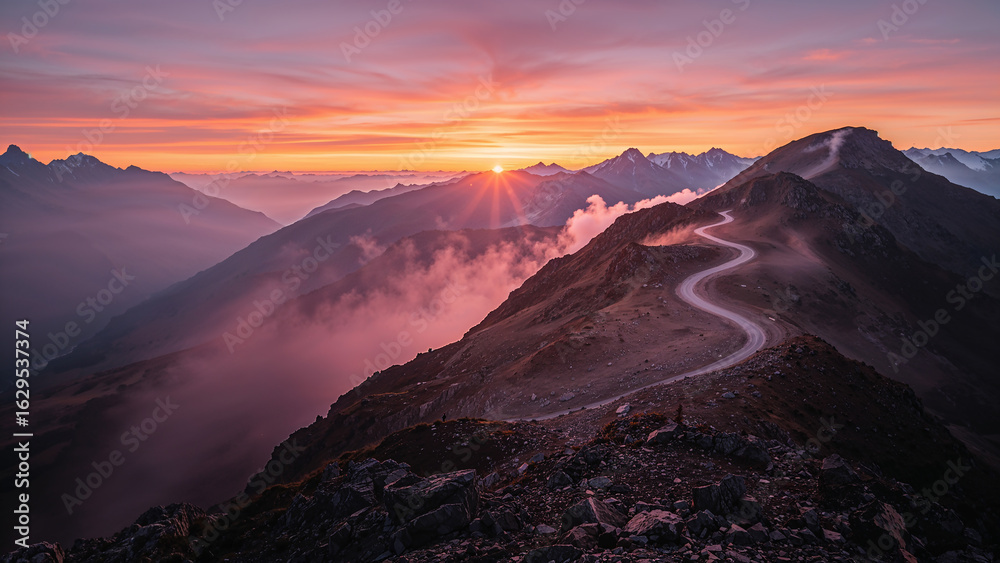 Obraz premium Winding mountain road at sunset illuminating majestic peaks