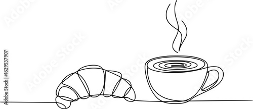 Croissant and steaming coffee cup line art drink