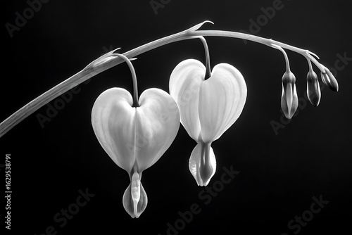 Two delicate white bleeding heart flowers hang from a curved branch against a dark background in a black and white photograph
