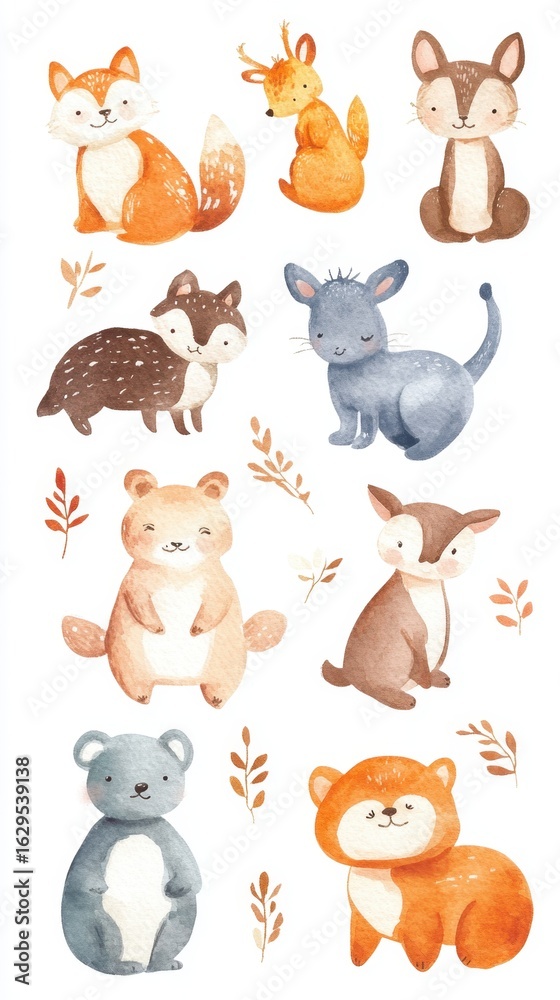 Naklejka premium Cute watercolor woodland animals collection with fox, rabbit, deer, and bear. World Animal Day