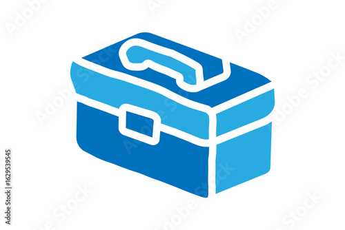 The image displays a 3D icon of a toolbox, rendered in a two-tone blue color scheme. The front face is a dark blue, while the top, side, and handle are a lighter, medium blue.