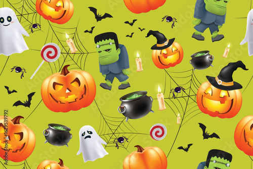 Halloween seamless pattern texture with cute pumpkins, ghosts, Frankenstein, candy, bat, spider and lantern on green background for wallpaper, wrapping paper, banner, template, web and poster
